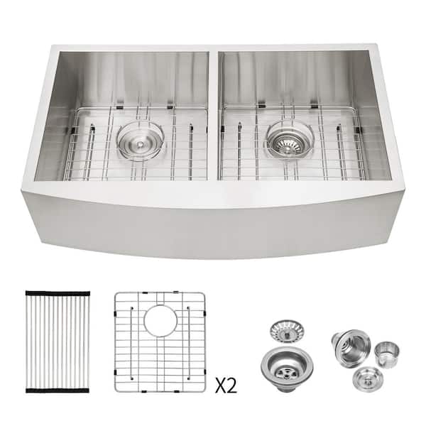 36 in. Farmhouse/Apron-front Double Bowl (50/50) 16 Gauge Brushed Nickel Stainless Steel Kitchen Sink with Bottom Grids