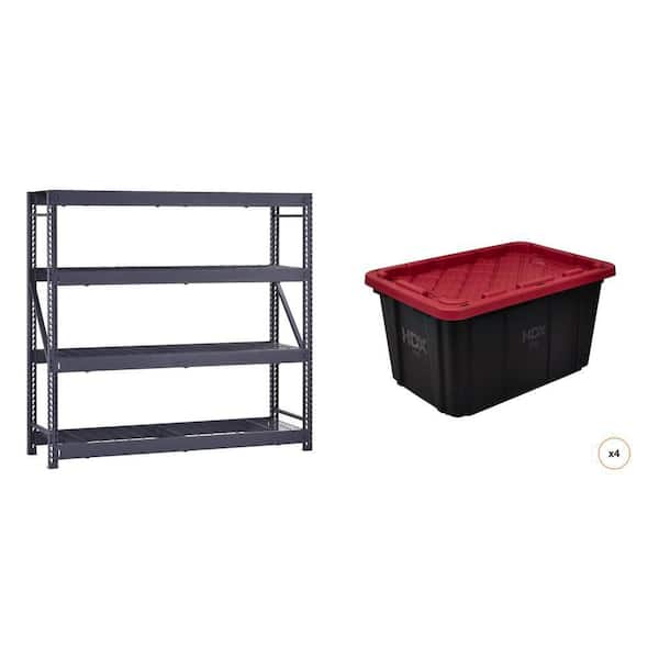 77 in. W 4-Shelf Metal Shelving Unit and 27 Gal. Black and Red Storage Tote (4-Count) Combo