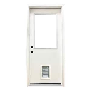 30 in. x 80 in. Reliant Series Clear Half Lite RHIS White Primed Fiberglass Prehung Back Door with Med Pet Door