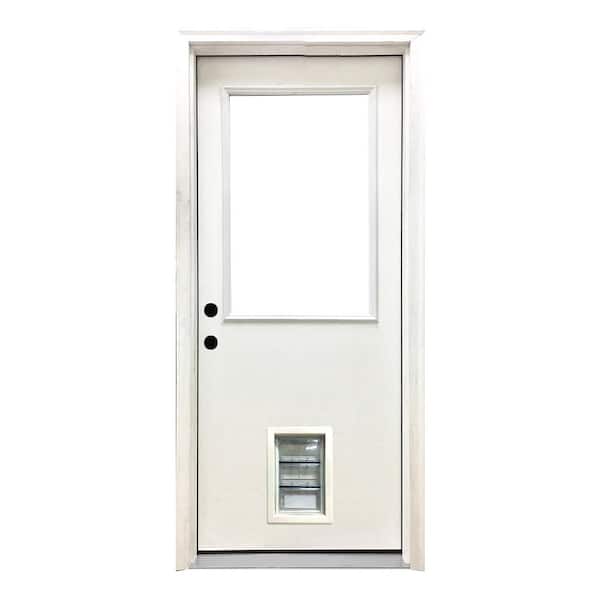 Steves & Sons 30 in. x 80 in. Reliant Series Clear Half Lite RHIS White Primed Fiberglass Prehung Back Door with Med Pet Door