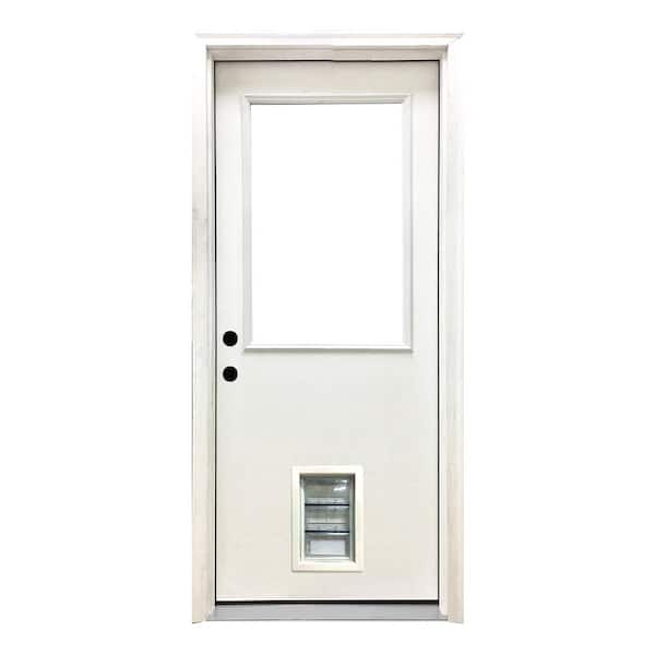 Steves & Sons 36 in. x 80 in. Reliant Series Clear Half Lite RHIS White Primed Fiberglass Prehung Back Door with Med Pet Door