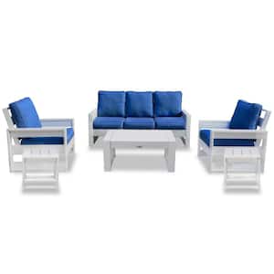 Pacifica White 6-Piece Plastic Patio Conversation Deep Seating Set with Navy Cushions