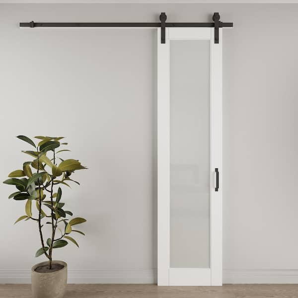 24 in. x 96 in. 1-Lite Tempered Frosted Glass White Primed MDF Composite Sliding Barn Door with Hardware Kit