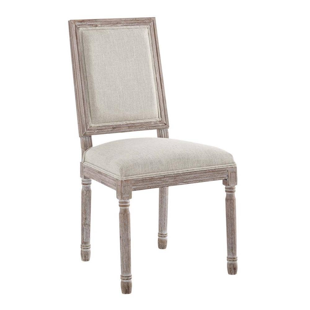 Beige Upholstered Wood Dining Side Chair with Turned Legs