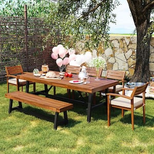 Outdoor Brown 7-Piece Wood Outdoor Dining Set with Removable Beige Cushions