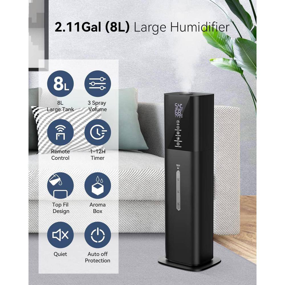 Black 2.11 Gallon Ultrasonic Cool Mist Tower Humidifier with Remote