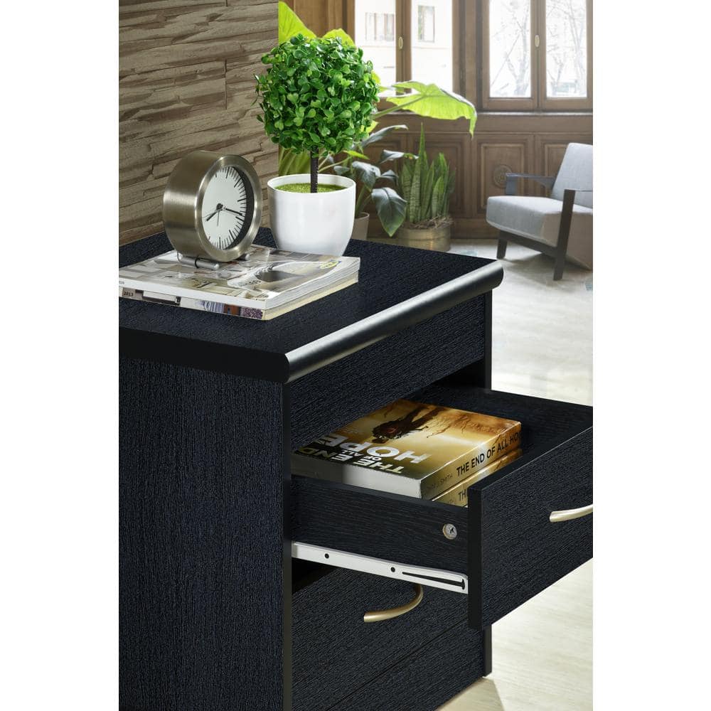 Black MDF 2-Drawer Nightstand with Metal Pulls