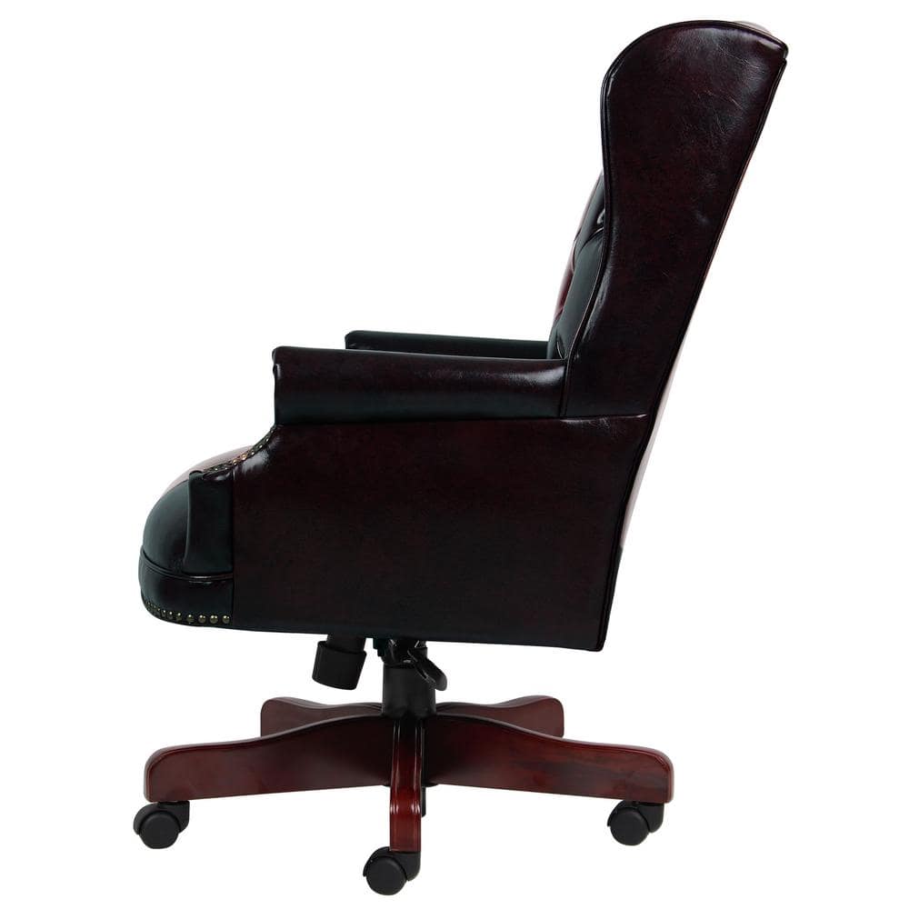 Elegant High-Back Swivel Banker Chair in Black Vinyl and Mahogany Wood