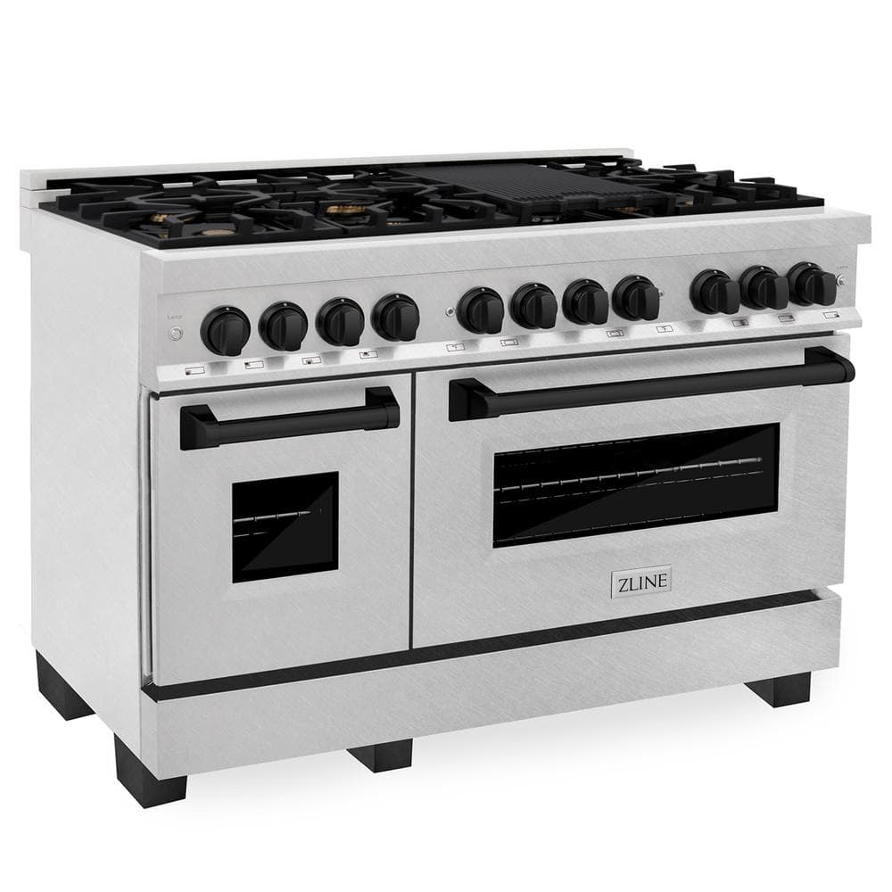 ZLINE Kitchen and Bath 48" 6.0 cu. ft. Dual Fuel Range with Gas Stove and Electric Oven in DuraSnow Stainless Steel with Matte Black Accents, DuraSnow Stainless Steel with Matte Black Accents and Brass Burners