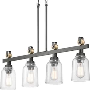 Knollwood 4-Light Antique Bronze Linear Chandelier with Vintage Brass Accents and Clear Glass Shades