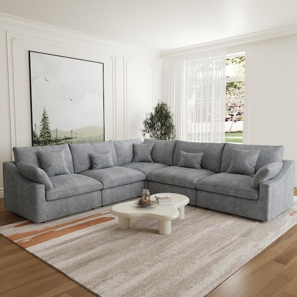 119.2 in. Square Arm 5-Piece Linen L-Shaped Down Feather Modular Free Combination Sectional Sofa in Gray
