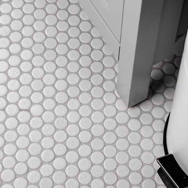 Shower with White Penny Tiles and White Grout - Transitional - Bathroom