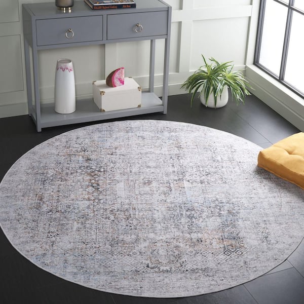 Arizona 6 ft. x 6 ft. Beige/Charcoal Machine Washable Distressed Border Ornate Round Area Rug