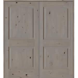 48 in. x 80 in. Rustic Knotty Alder 2-Panel Universal/Reversible Grey Stain Wood Double Prehung Interior Door w/Arch-Top