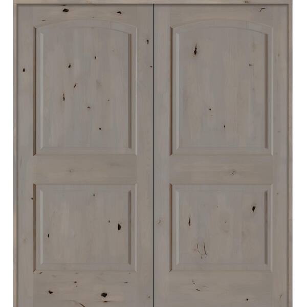 Krosswood Doors 48 in. x 80 in. Rustic Knotty Alder 2-Panel Universal/Reversible Grey Stain Wood Double Prehung Interior Door w/Arch-Top