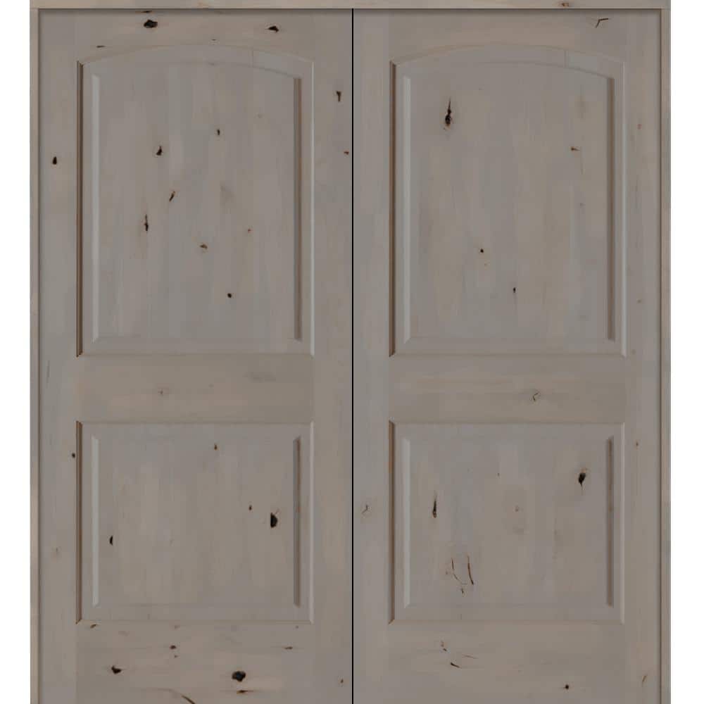 60 in. x 80 in. Rustic Knotty Alder 2-Panel Universal/Reversible Grey Stain Wood Double Prehung Interior Door w/Arch-Top price history on PriceWatchPro