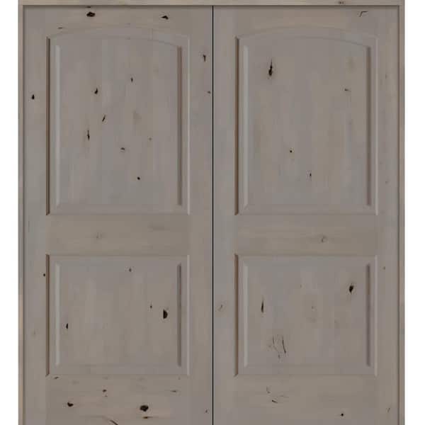 Krosswood Doors 72 in. x 80 in. Rustic Knotty Alder 2-Panel Universal/Reversible Gray Stain Wood Double Prehung Interior Door w/Arch-Top