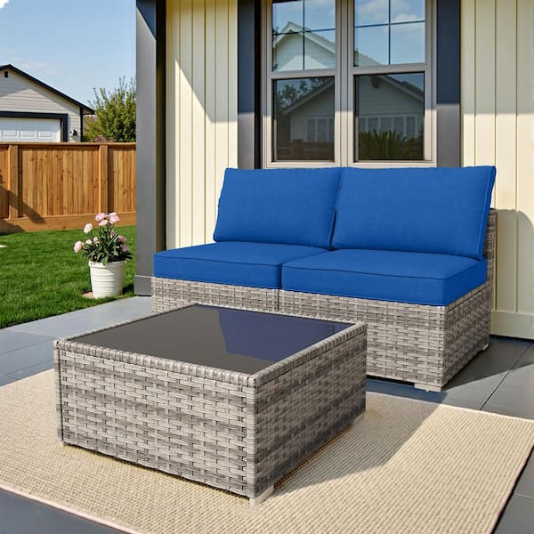 Charm 3 Pieces Wicker Patio Conversation Seating Sofa Set with Navy Blue Cushions and Coffee Table