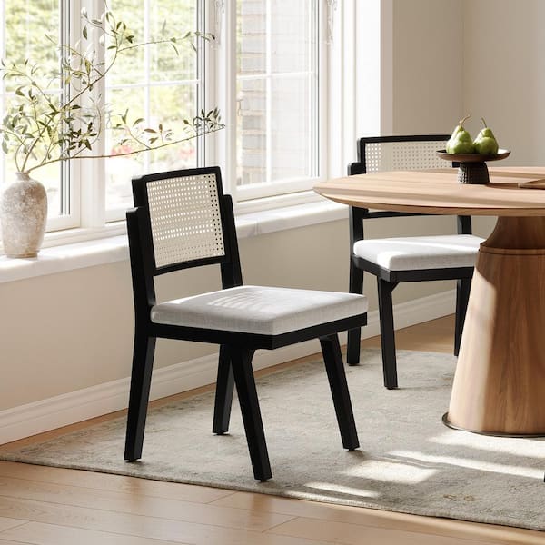 JAYDEN CREATION Augus Black 19 in. W Modern Reversible Woven Rattan Backrest Dining Chair with Solid Wood Legs Set of-2