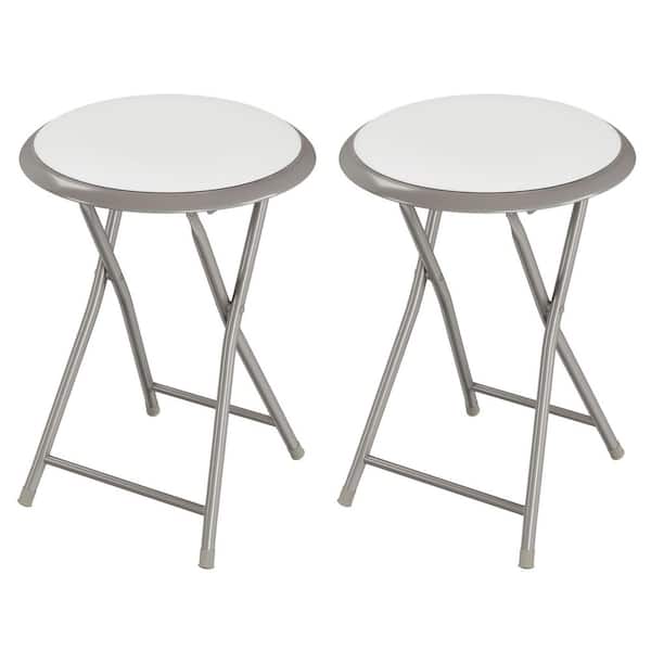 Set of 2 Portable Bar Stools with Padded Vinyl Seats, 18 in. Folding Chairs for Dorm, Recreation or Game Room, White