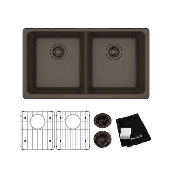 Elkay Quartz Classic Mocha Quartz 33 in. Equal Double Bowl Undermount Kitchen Sink with Bottom Grid and Drain