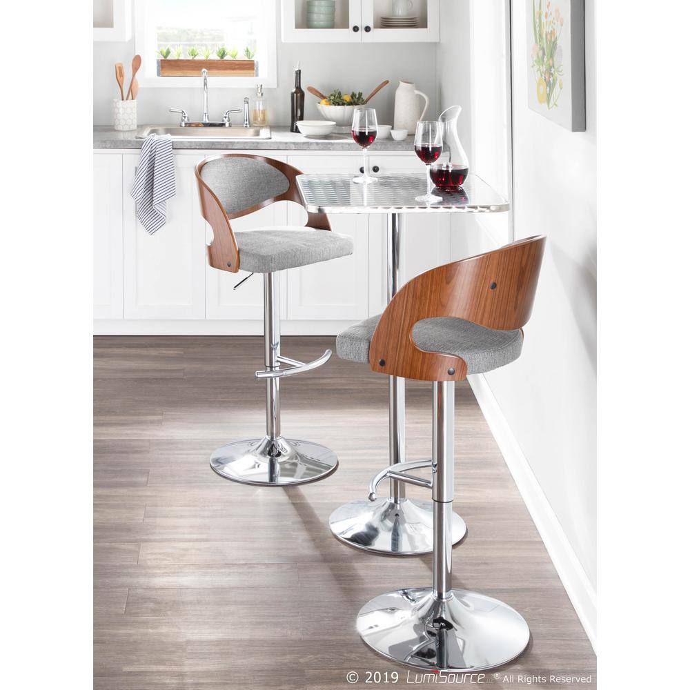 Contemporary Gray Leather and Wood Adjustable Swivel Bar Stool