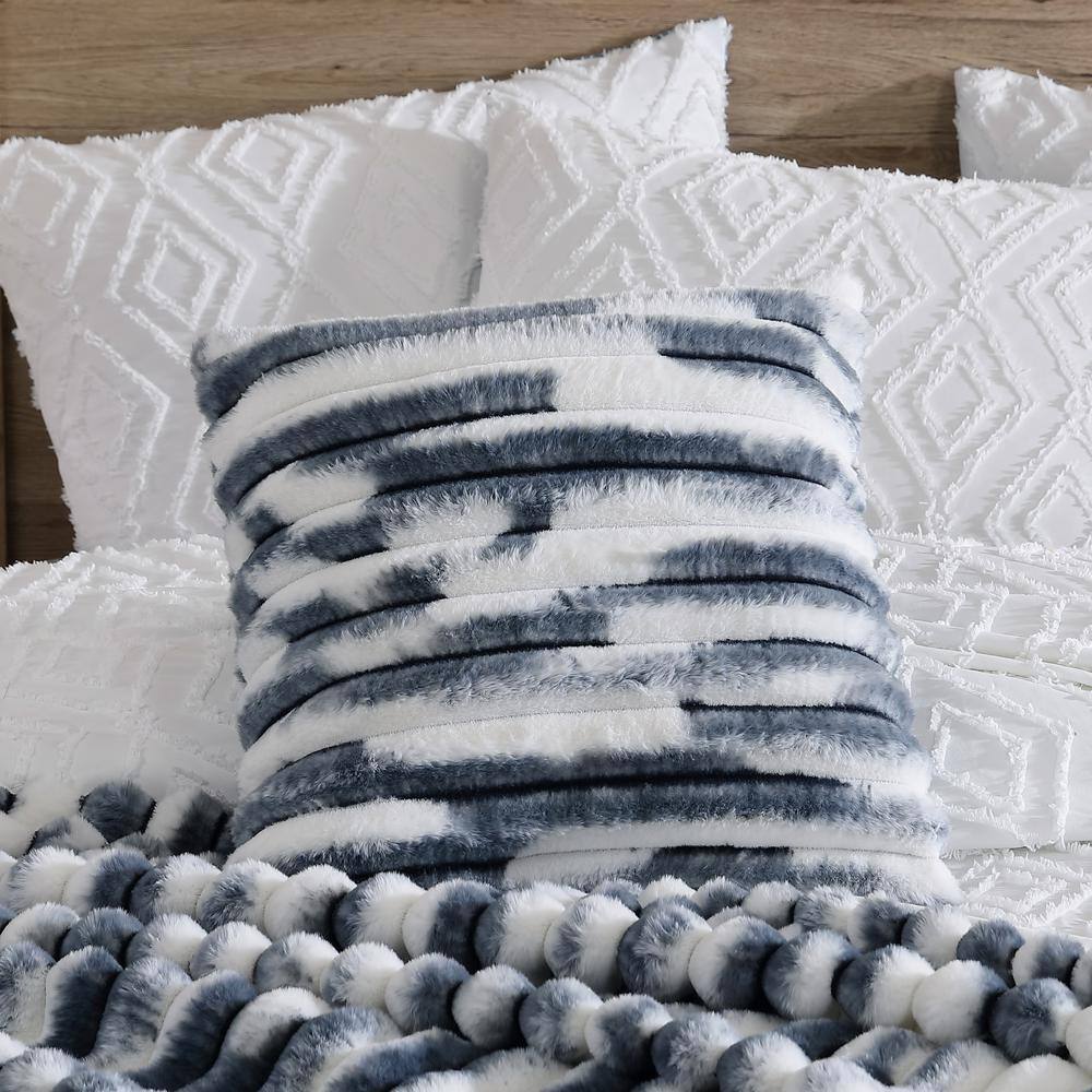 French Ribbed Blue 18" Plush Faux Fur Decorative Pillow