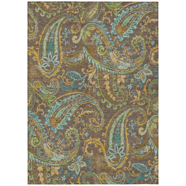 HomeRoots Brown, Aqua, Gold 8 ft. x 10 ft. Woven Paisley Polyester Rectangle Indoor / Outdoor Area Rug
