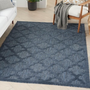 Easy Care Navy Blue 5 ft. x 7 ft. Geometric Contemporary Indoor Outdoor Area Rug