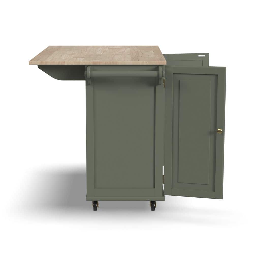 Sage Green Wood Kitchen Cart with Storage and Spice Rack