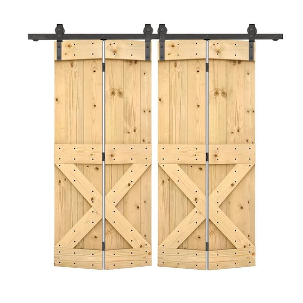 CALHOME 48 in. x 84 in. Mini X Pre Assembled Unfinished Wood Double Solid Core Bi-Fold Barn Doors with Sliding Hardware Kit