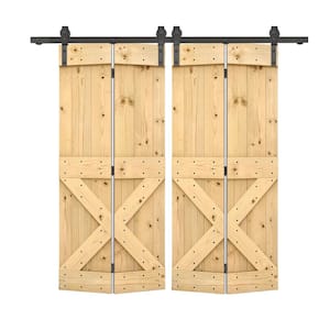 64 in. x 84 in. Mini X Series Solid Core Unfinished DIY Wood Double Bi-Fold Barn Doors with Sliding Hardware Kit