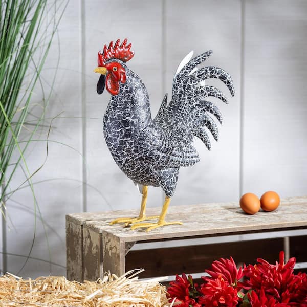 Evergreen 14 in. H Metal Rooster with Dark Feathers Garden Statue