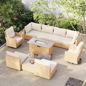 10-Piece Yellow Wicker Patio Fire Pit Conversation Set with Swivel Chairs and Beige Cushions
