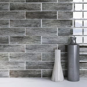 Crystile Wood Gray 3 in. X 12 in. Glossy Glass Subway Tile (7.5 sq. ft./Case)