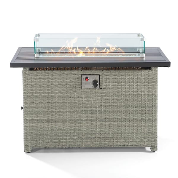 Zeus & Ruta 43 in. 50000 BTU Wicker Outdoor Propane Gas Fire Pit Table with Glass Wind Guard