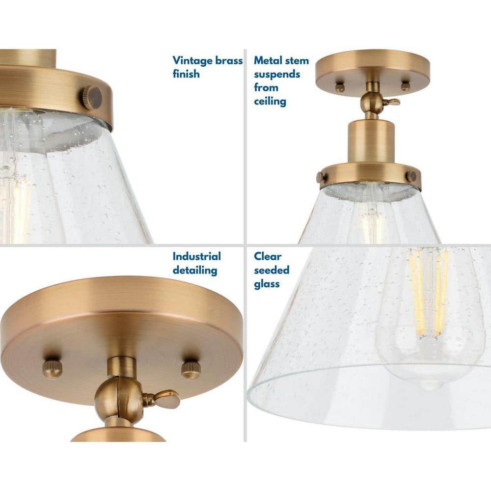 Vintage Brass 8" Seeded Glass Industrial Flush Mount Ceiling Light