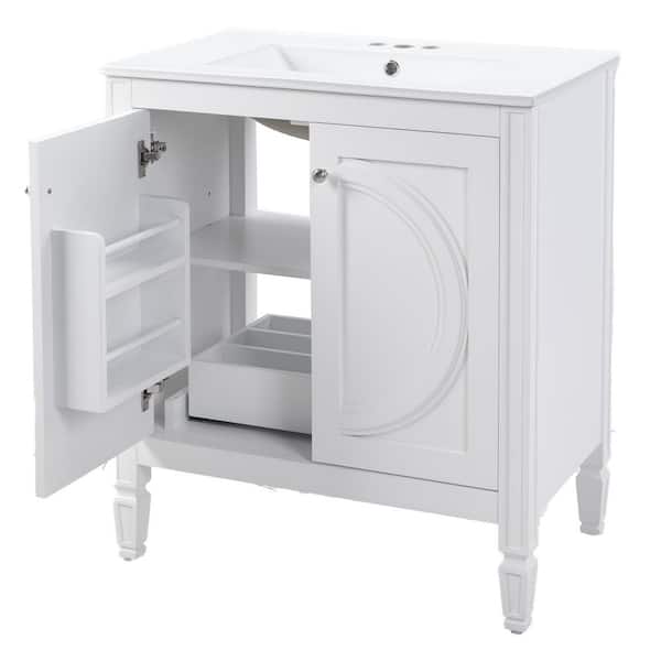 30 in. Single Sink White Bath Vanity with White Ceramic Top, Adjustable Shelf, Drawer, Assembled