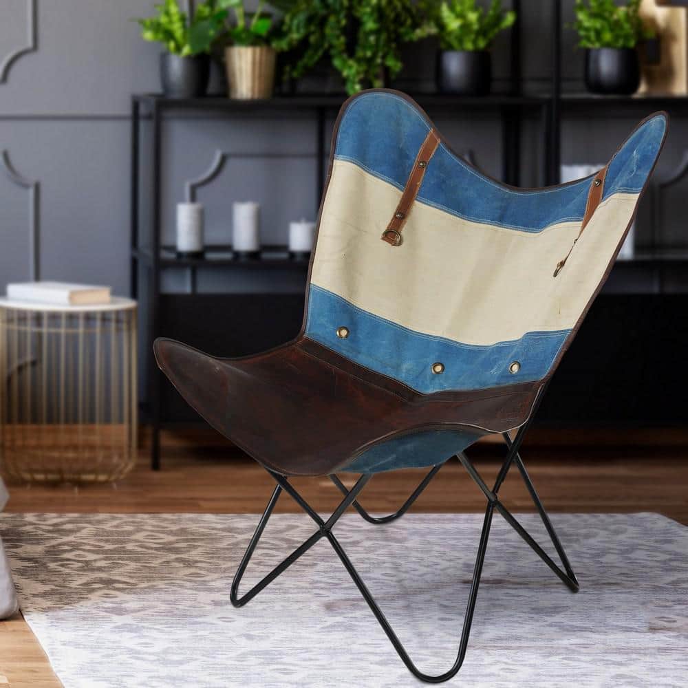 Handcrafted Blue and Ivory Leather Butterfly Chair with Metal Frame
