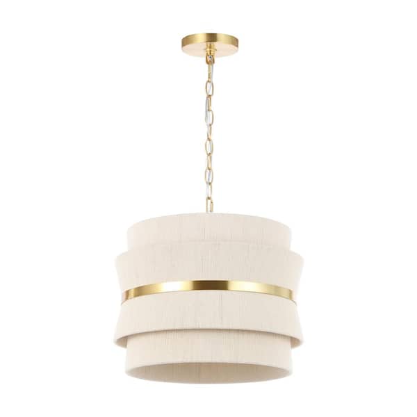 Willa 17 in. 3-Lights Bleached Natural/Brass Pendant Light with Metal Shade