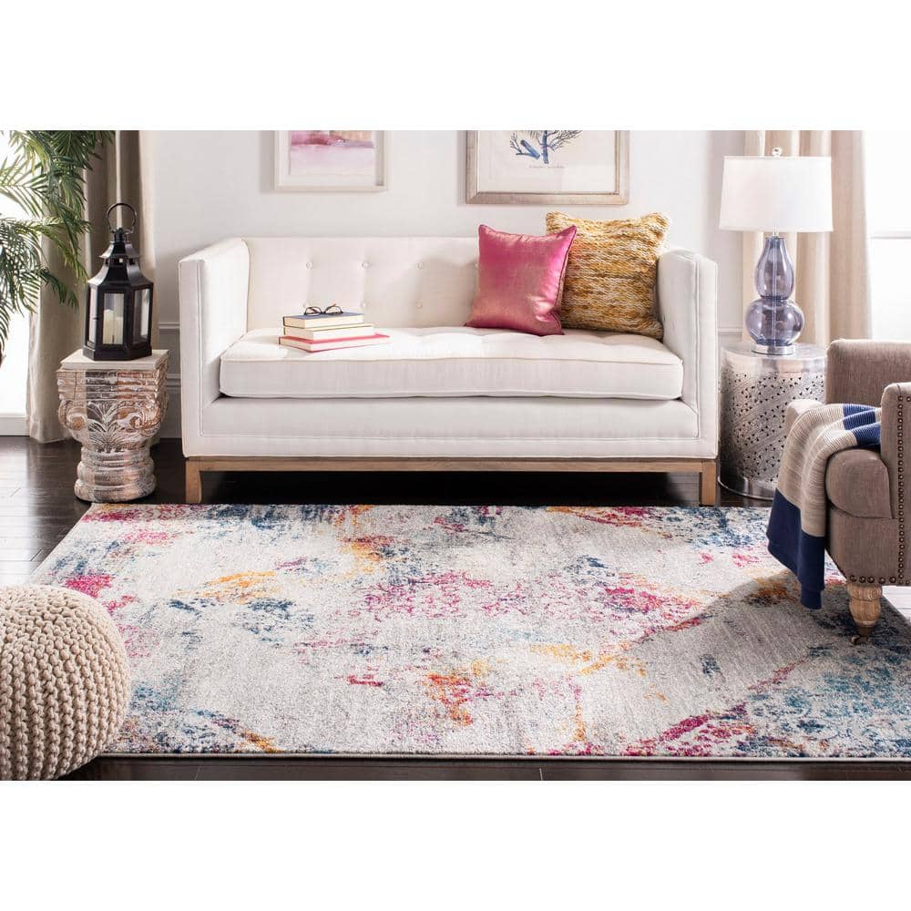 Boho Chic Gray and Multicolor Floral Motif Square Rug