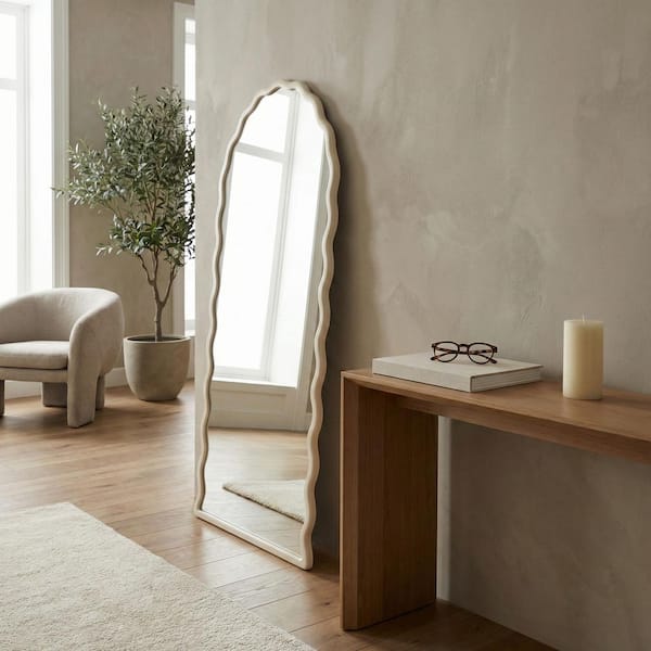 Liv & Skye White 31 in. x 59 in. Modern Wavy Leaner Metal Framed