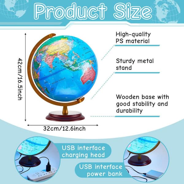 16.5 in. x 13 in. Illuminated World Globe-720°/360° Rotation