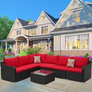 7-Piece Black Wicker Patio Conversation Set with Red Cushions