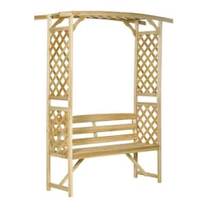 Natural Wood Patio Garden Arbor Arch with Pergola and 2 Trellises Outdoor Bench for Grape Vines and Climbing Plant Decor