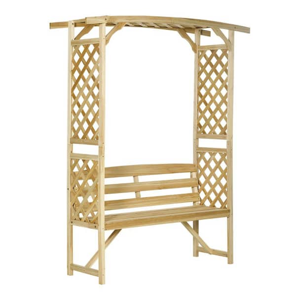 Natural Wood Patio Garden Arbor Arch with Pergola and 2 Trellises Outdoor Bench for Grape Vines and Climbing Plant Decor