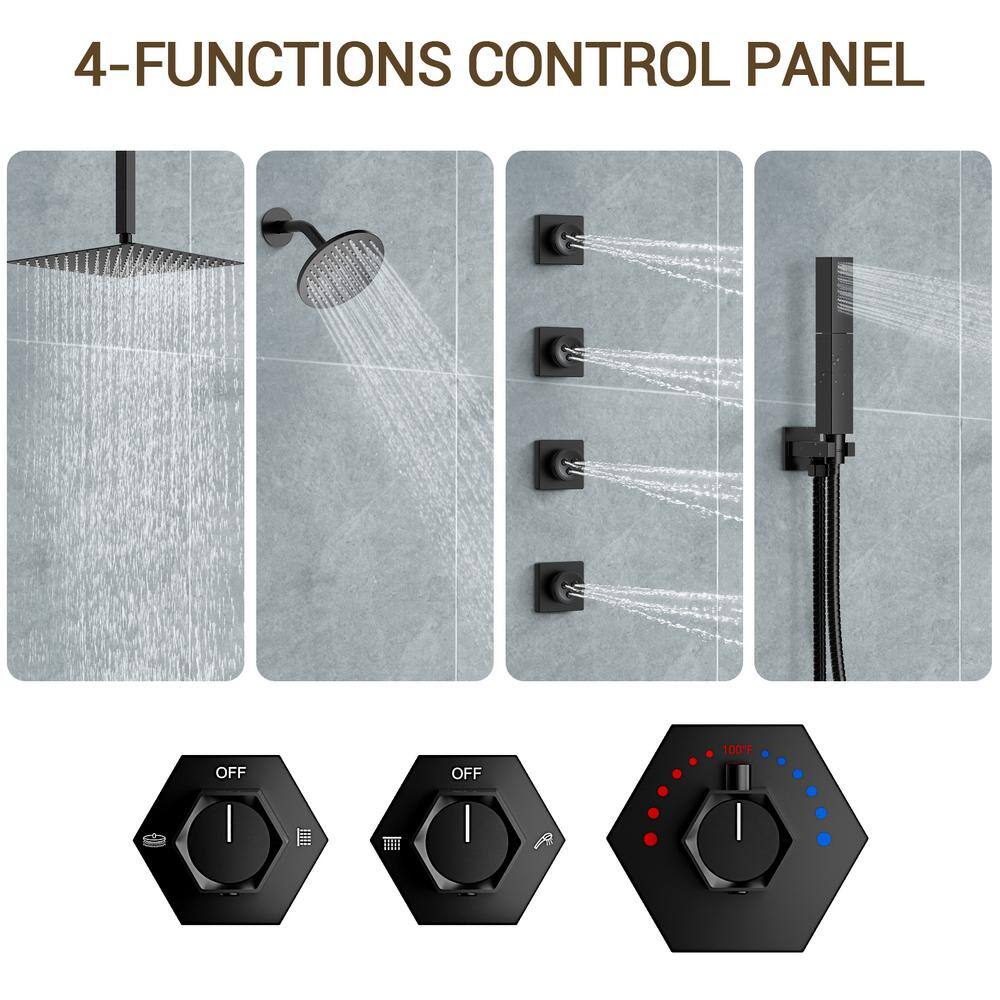 Matte Black Large Square Brass Ceiling Mounted Shower System