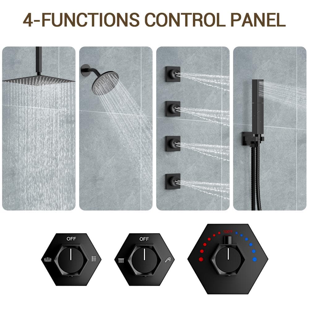 Matte Black Large Square Brass Ceiling Mounted Shower System