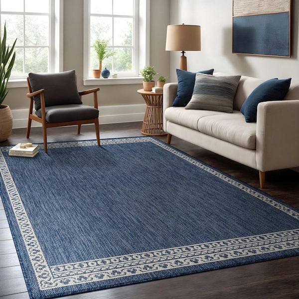Frame Blue 6 ft. x 9 ft. Geometric Bordered Washable Indoor Outdoor Area Rug