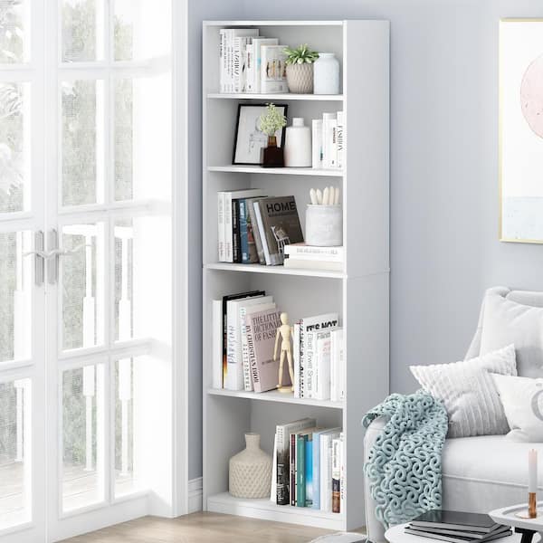 Furinno 71.2 in. White Wood 5-shelf Standard Bookcase with Adjustable Shelves